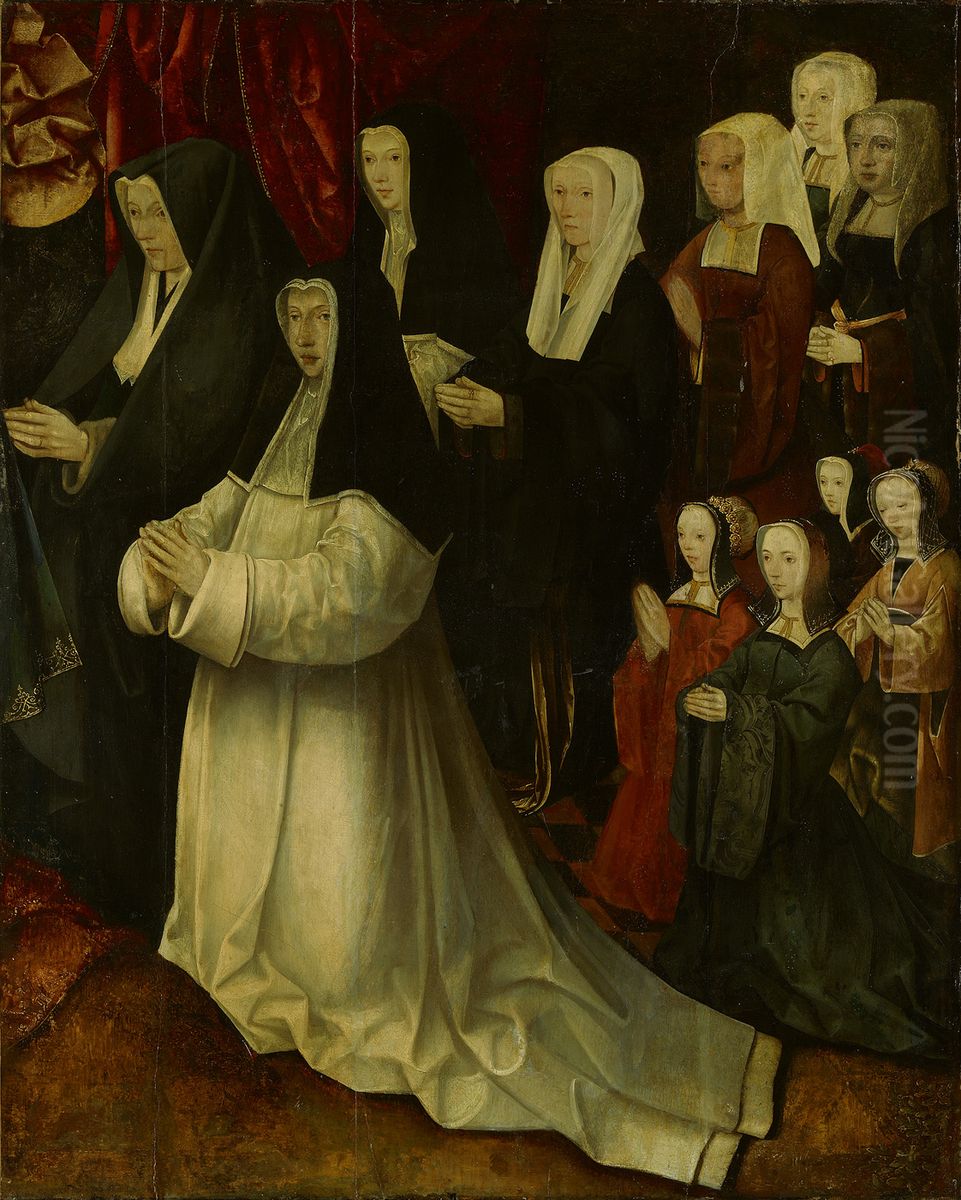 Stichtersportretten familie Korsgen Elbertzen - van der Schelling (rechterdeel)-Fragmentvan het rechterdeel van een altaarstuk met de vrouwelijke delen-Reconstructie van een altaarstuk-Reconstruction of an altarpiece Oil Painting by Jacob Cornelisz Van Oostsanen