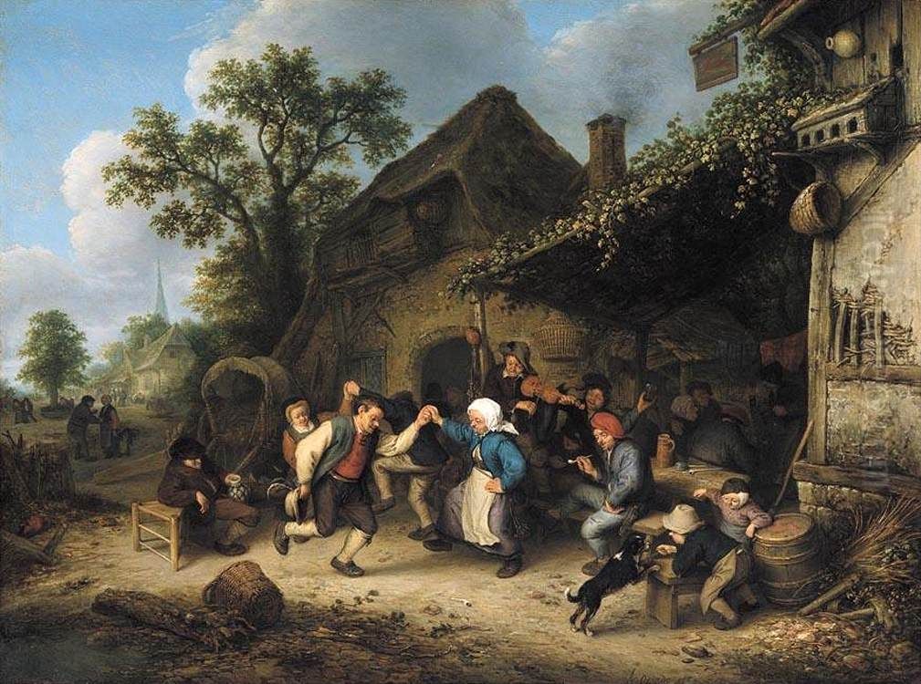 Village scene with dancing peasants outside an inn.[1] Oil Painting by Adriaen van Ostade