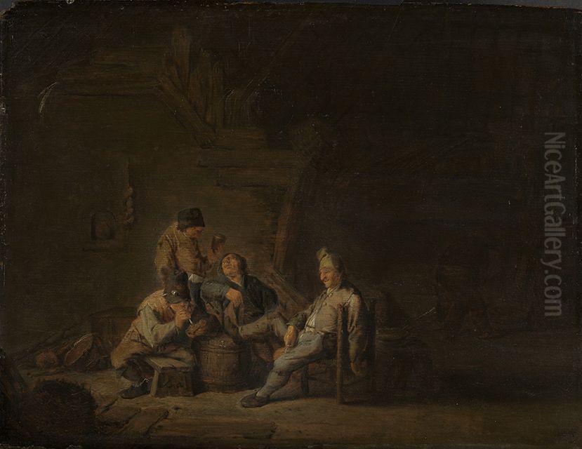 Four Peasants Drinking and Smoking at an Inn Oil Painting by Adriaen van Ostade