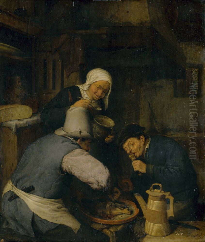Two Peasants Feasting Oil Painting by Adriaen van Ostade