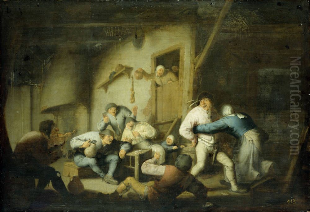 Boisterous Peasants at an Inn Oil Painting by Adriaen van Ostade