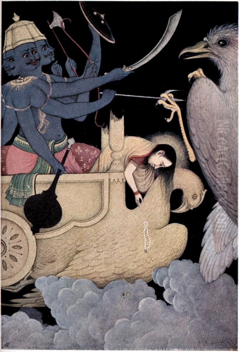 Ravana fighting with Jatayu Oil Painting by K. Venkatappa
