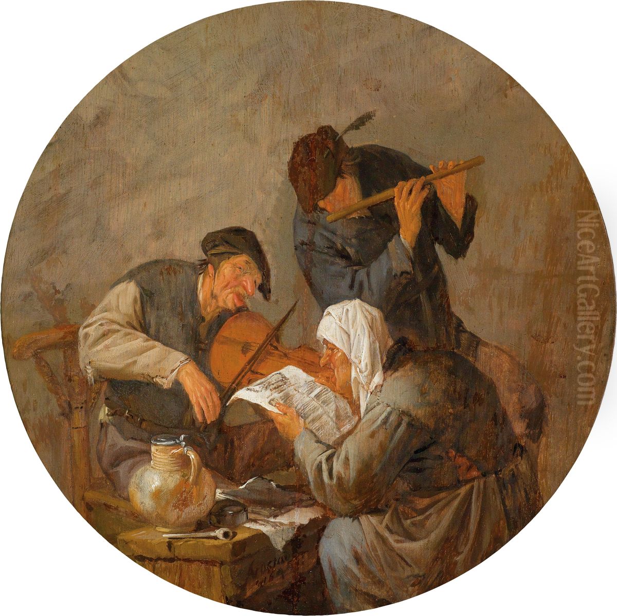 Singing and music making peasants in an interior Oil Painting by Adriaen van Ostade