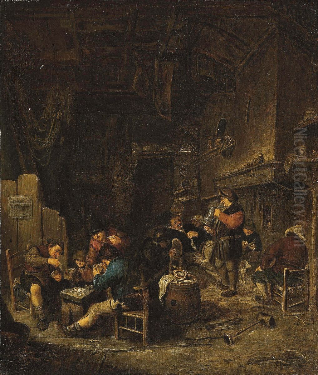 Tavern interior with peasants playing cards, smoking and drinking Oil Painting by Adriaen van Ostade