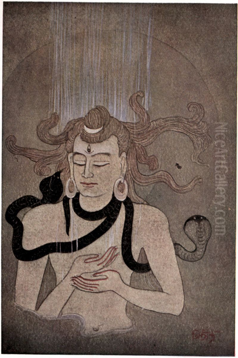 The Birth of Ganga Oil Painting by Kshitindranath Mazumdar