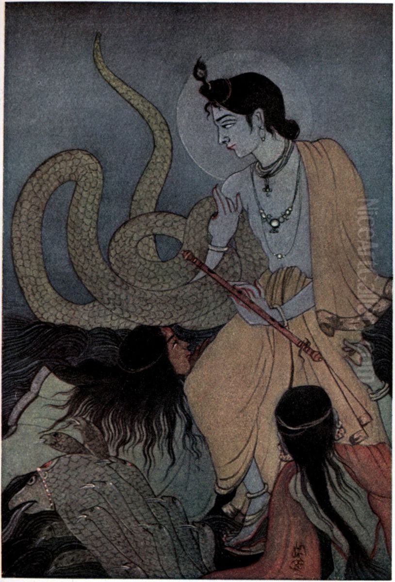 Kaliya Damana Oil Painting by Kshitindranath Mazumdar