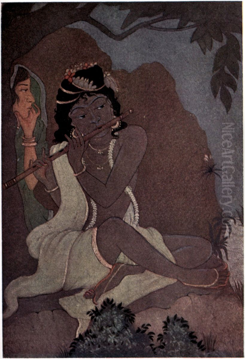 Radha and Krishna Oil Painting by Kshitindranath Mazumdar