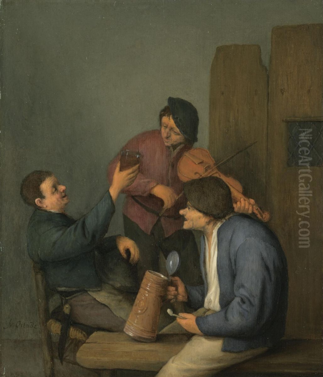 Drie boeren vermaken zich in een herberg Oil Painting by Adriaen van Ostade