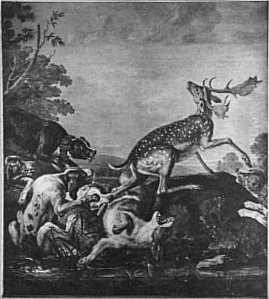 The Stag Hunt Oil Painting by David de Coninck