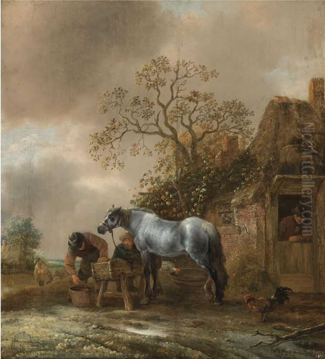 Landscape with Peasants Feeding a Horse before a Cottage Oil Painting by Isaac Van Ostade