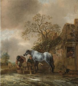 Landscape with Peasants Feeding a Horse before a Cottage