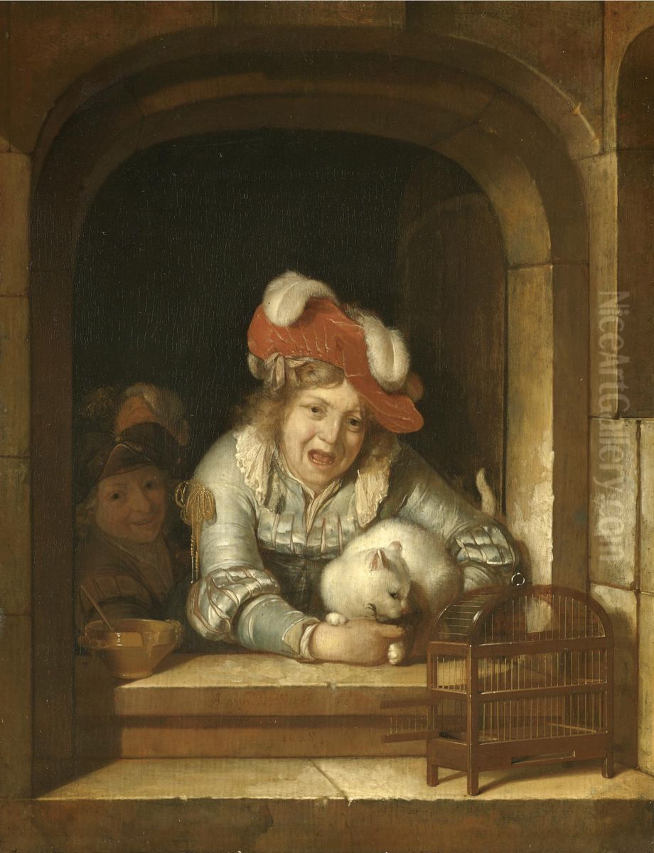Two Children playing with a Cat with a Bird in its Jaws Oil Painting by Adriaen Van Der Werff