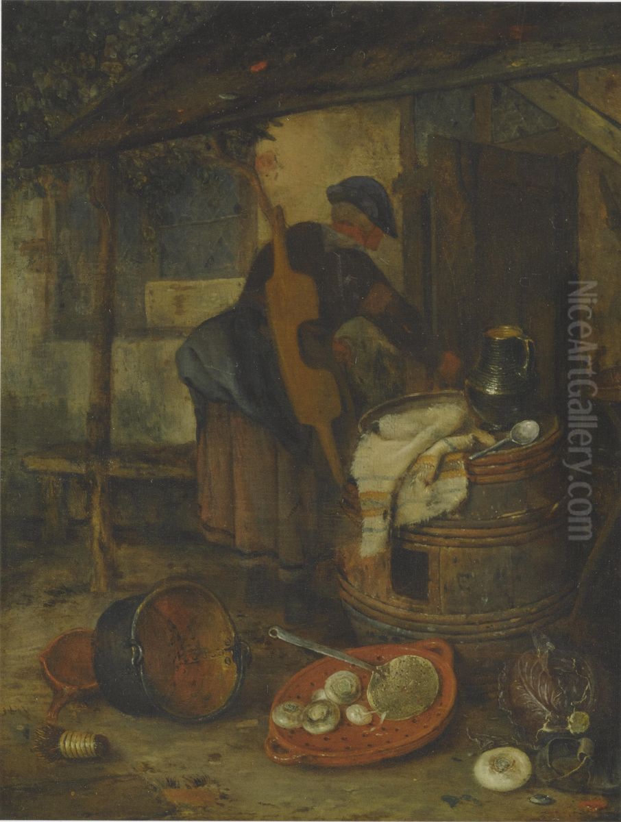 A Maid by a Door with a Barrel and Vegetables Oil Painting by Adriaen van Ostade