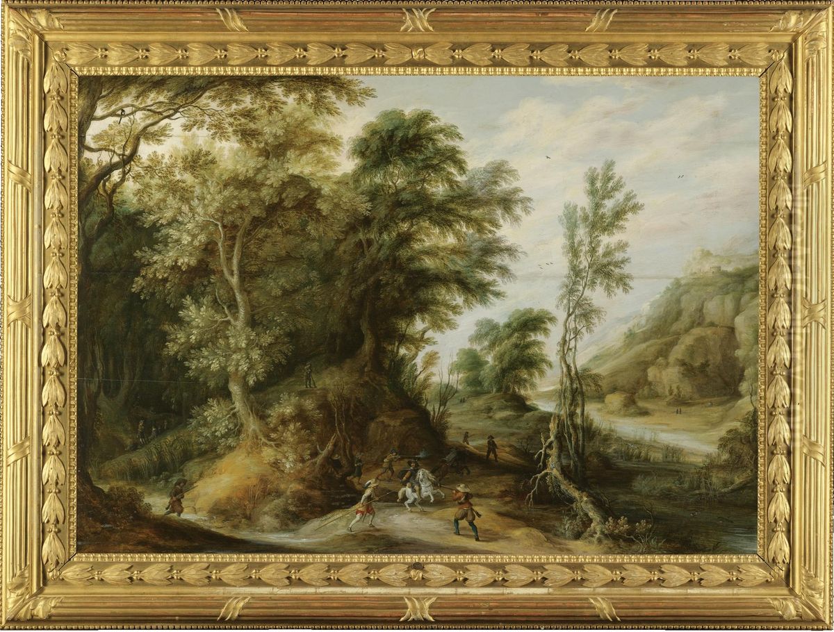 Battle Scene in a Forest Landscape Oil Painting by Alexander Keirincx
