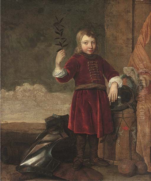 An Allegory of Peace overcoming War: Portrait of a Boy, full-length, holding an olive branch, with armour, a cannon, a drum and the flag of the House of Orange Oil Painting by Cornelis Brise