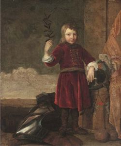 An Allegory of Peace overcoming War: Portrait of a Boy, full-length, holding an olive branch, with armour, a cannon, a drum and the flag of the House of Orange