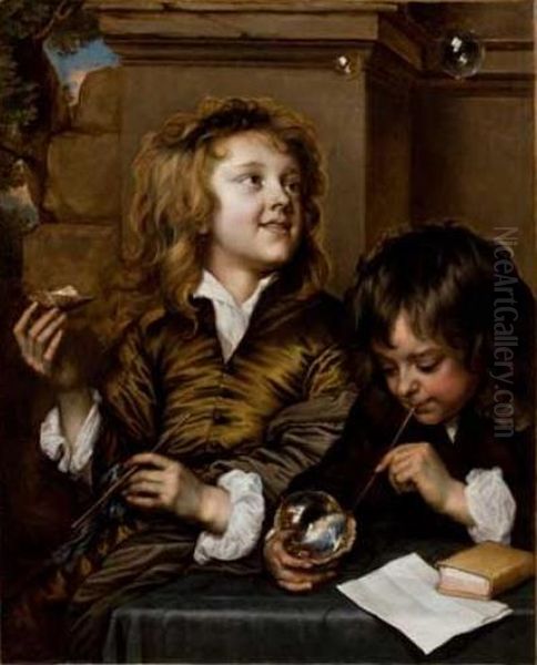 Two Boys Blowing Bubbles. Oil Painting by Adriaen Hanneman