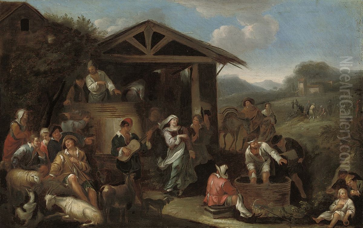 An Italianate landscape with peasants making merry and pressing grapes. Oil Painting by Dirck Helmbreker