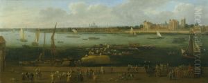 A Panoramic View of Lambeth Palace seen across the Thames with Figures in the Foreground and St. Paul's Cathedral in the Distance.