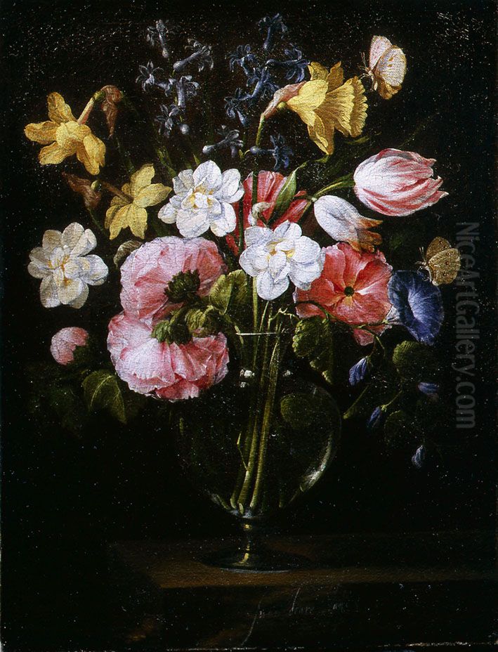 Roses, Clematis, a Tulip and other flowers in a Glass Vase on a wooden Ledge with a Butterfly. Oil Painting by Juan De Arellano
