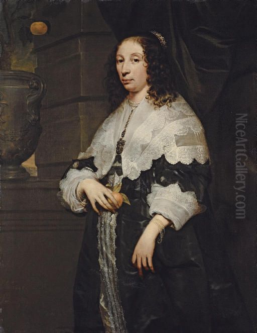 Portrait of a Lady in a black dress and a lace collar holding an orange Oil Painting by Arnold Van Ravesteyn