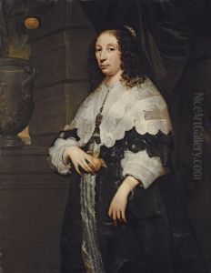 Portrait of a Lady in a black dress and a lace collar holding an orange