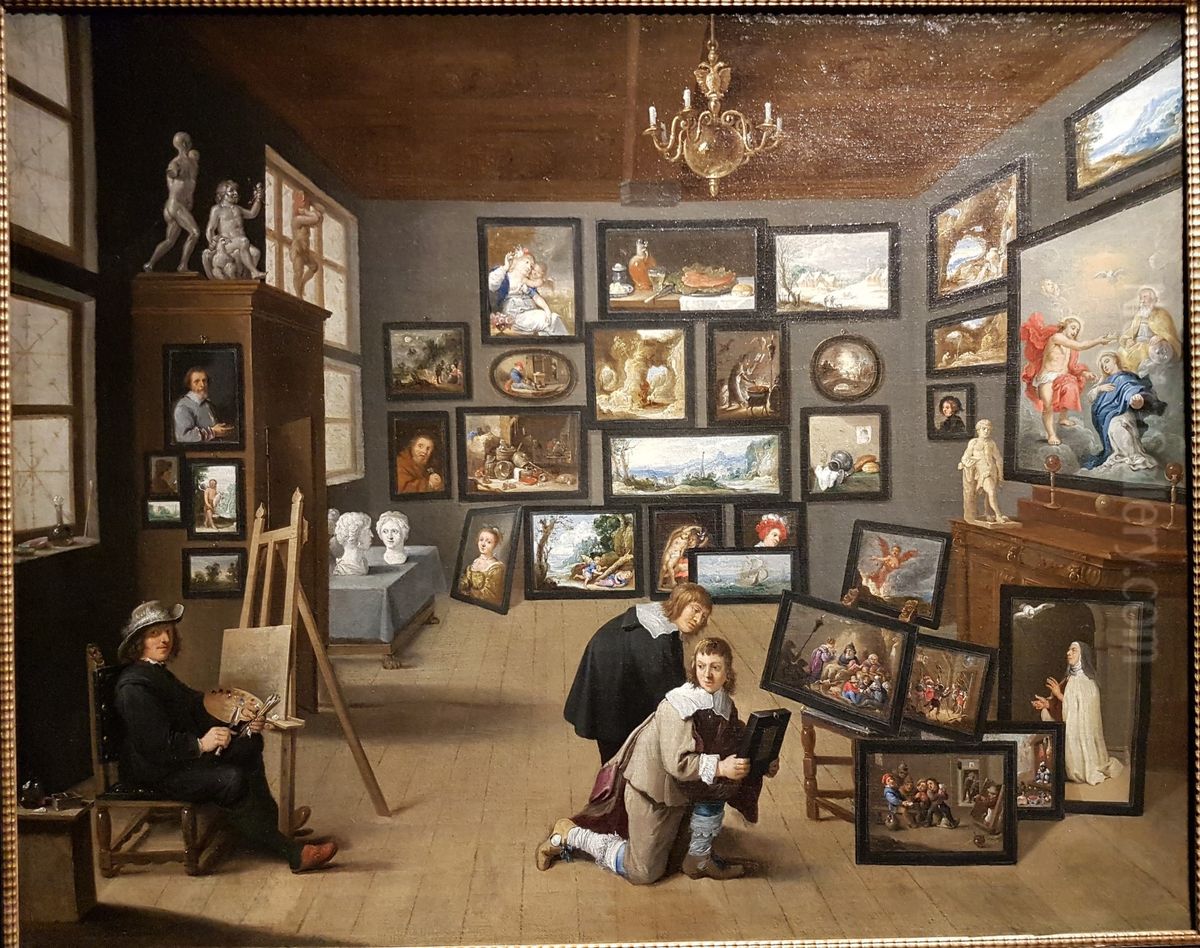 The painter in his studio, two gentlemen are studying a small painting in a black frame Oil Painting by Thomas Van Apshoven