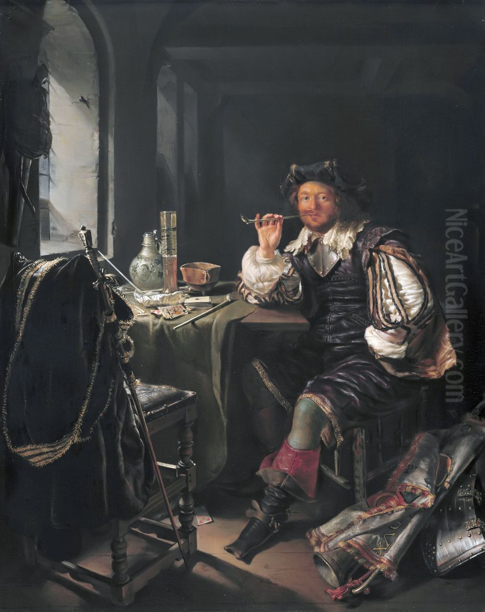 A Soldier Smoking a Pipe Oil Painting by Frans van Mieris