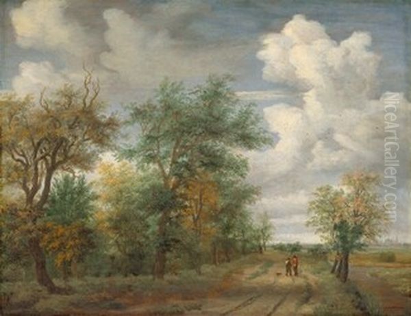 A Wooded Landscape with Figures Oil Painting by Meindert Hobbema