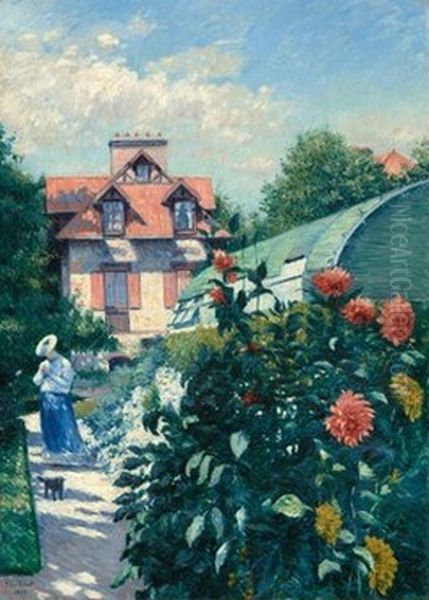 Dahlias, Garden at Petit Gennevilliers Oil Painting by Gustave Caillebotte