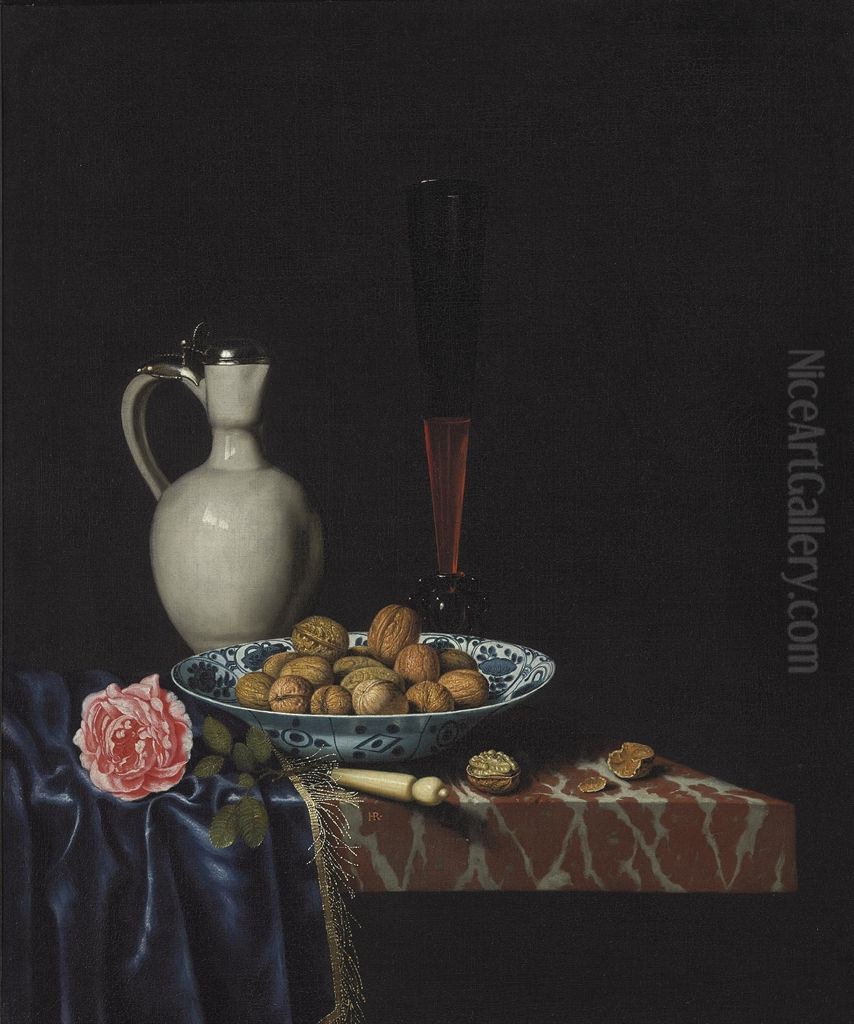 Stilleven met een Delfts-witte kan, een roos en een schotel walnoten Oil Painting by Hubert van Ravesteyn