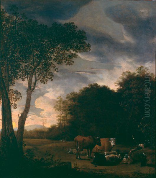 Sheltered pasture with cattle. Oil Painting by Anthonie Van Borssom