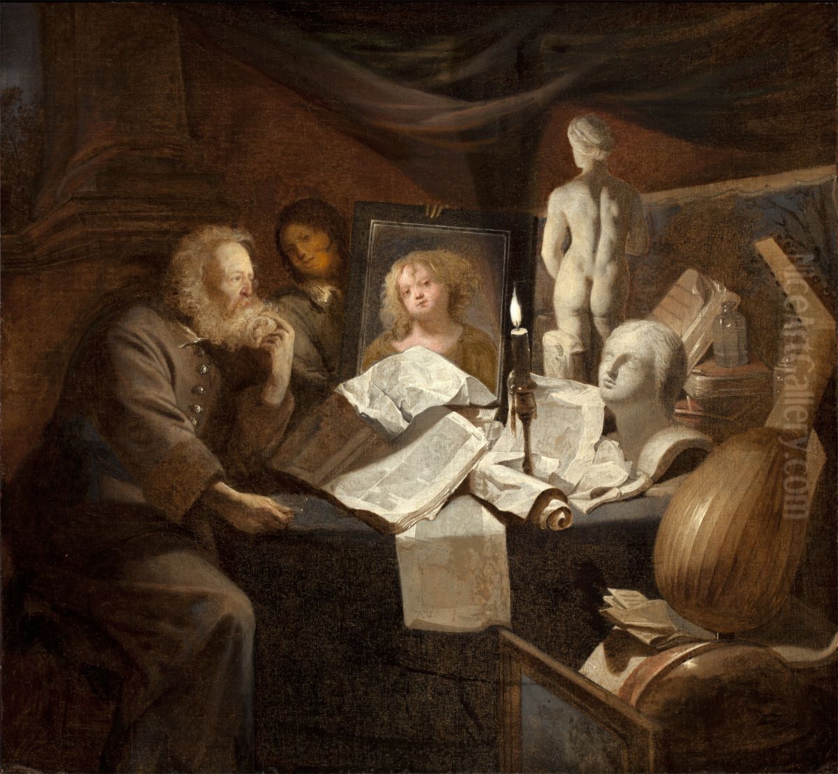 Old man with a vanitas still life Oil Painting by David Ryckaert III