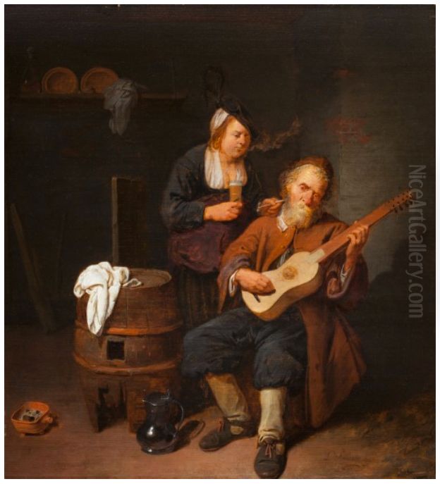 Guitar player Oil Painting by David Ryckaert III