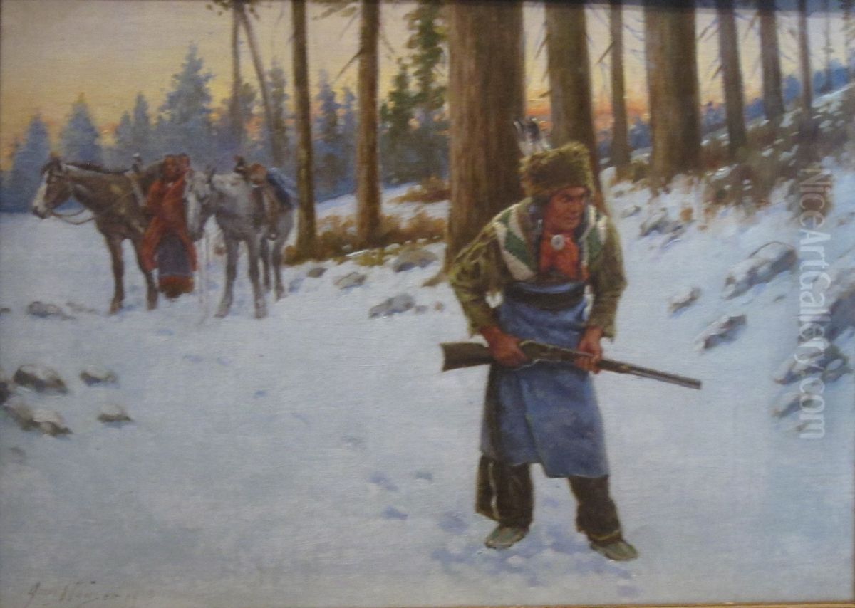 Plains Indian Hunting in Winter Landscape Oil Painting by John Hauser