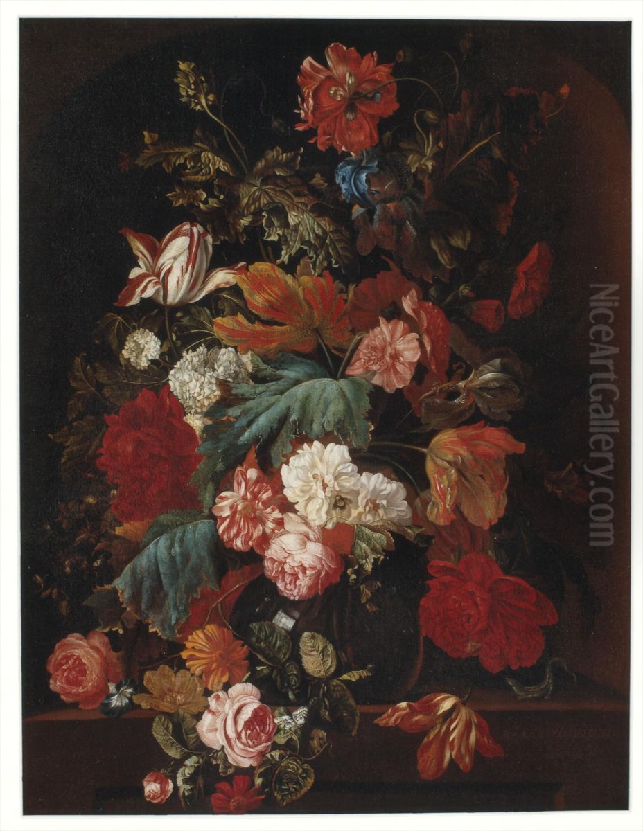 Flowers in a glass vase on a stone slab Oil Painting by Ernst Stuven