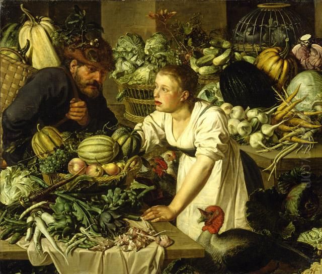 Market scene with a woman and a man surrounded by fruit, vegetables and poultry Oil Painting by Pieter Cornelisz van Rijck
