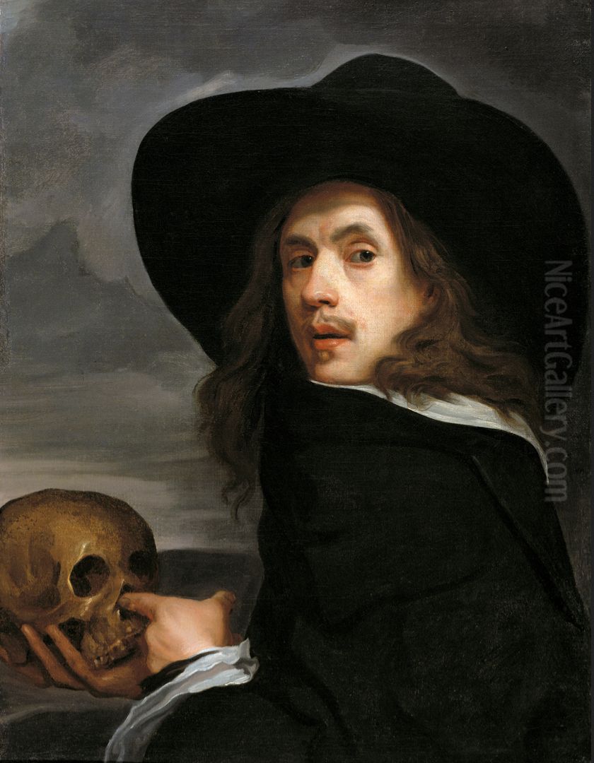 Self portrait with a skull Oil Painting by Michiel Sweerts