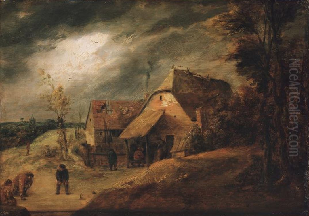 Landscape with bowlers Oil Painting by Adriaen Brouwer