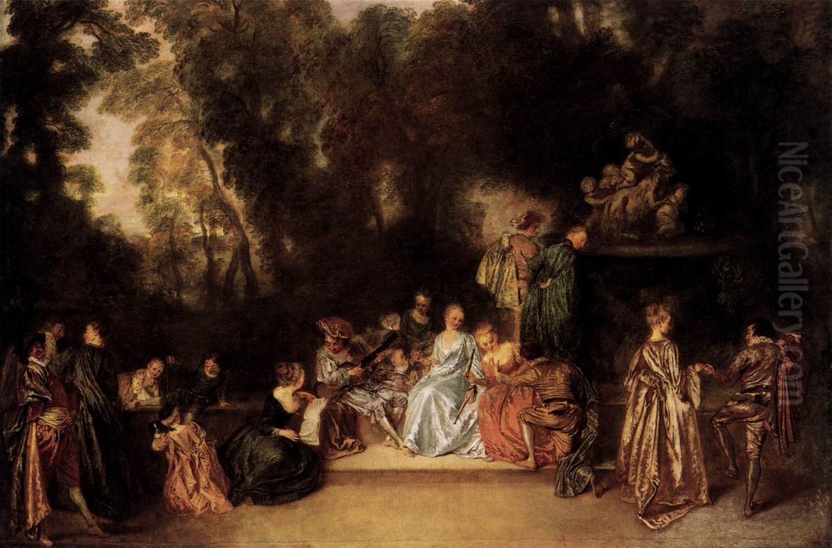 Party in the Open Air Oil Painting by Jean-Antoine Watteau