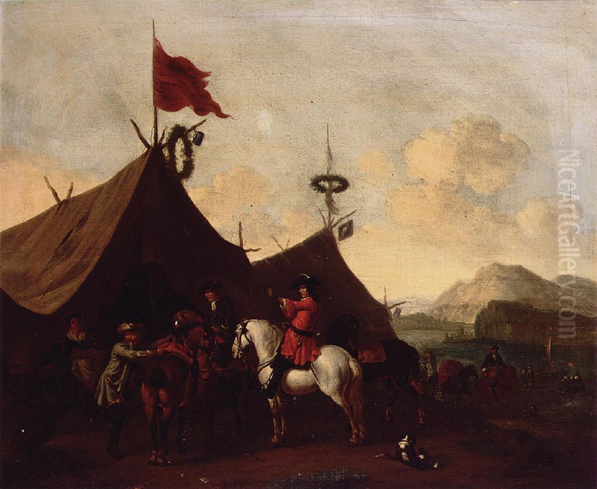 Italianiserend landschap met soldaten te paard voor een tentenkamp Oil Painting by Evert Oudendijck