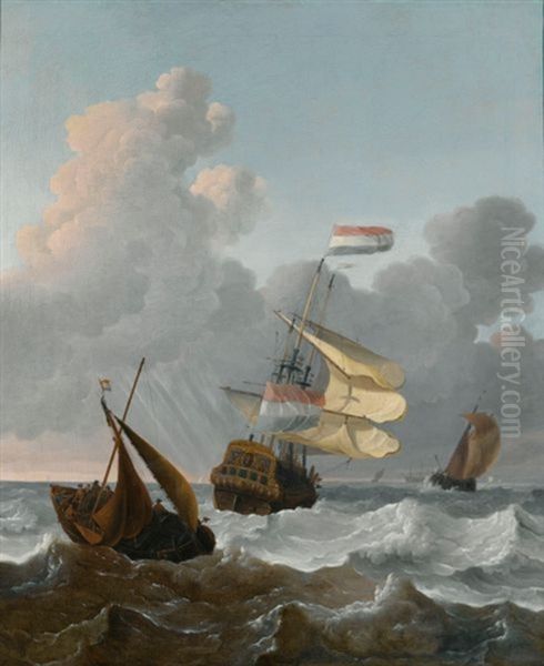 Oorlogsschip, mogelijk de Tsaar Peter, en twee andere schepen op een ruwe zee Oil Painting by Wigerus Vitringa