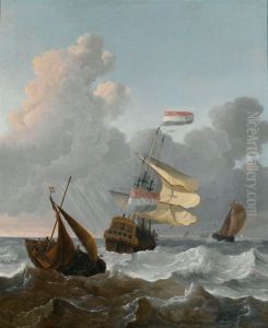 Oorlogsschip, mogelijk de Tsaar Peter, en twee andere schepen op een ruwe zee