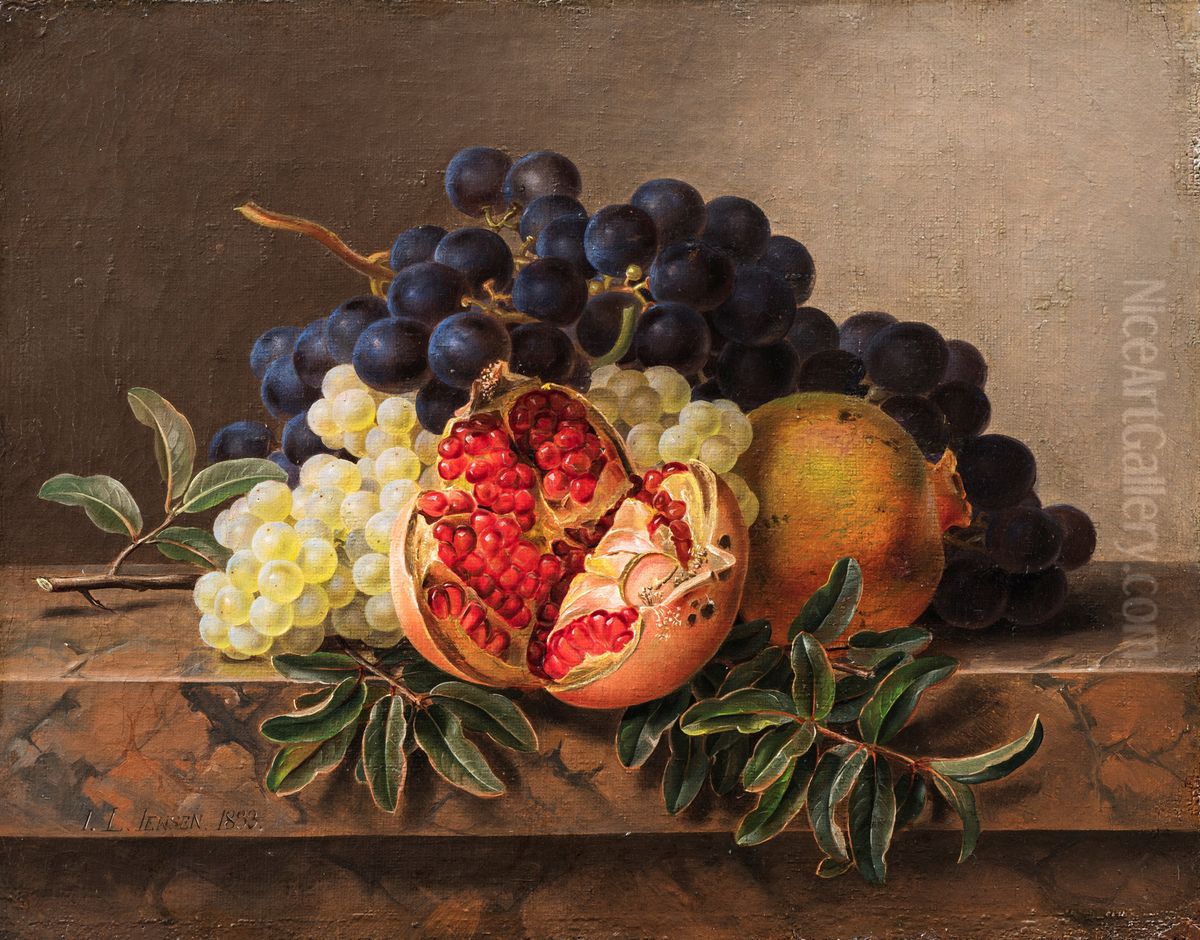 Pomegranates and green and blue grapes on a marble frame Oil Painting by Johan Laurentz Jensen