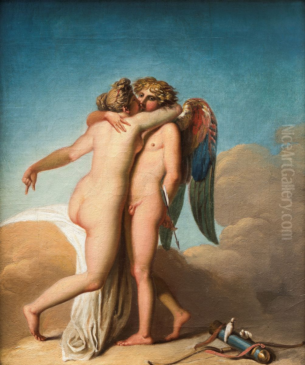 Amor and Psyche embracing each other Oil Painting by Nicolai Abildgaard