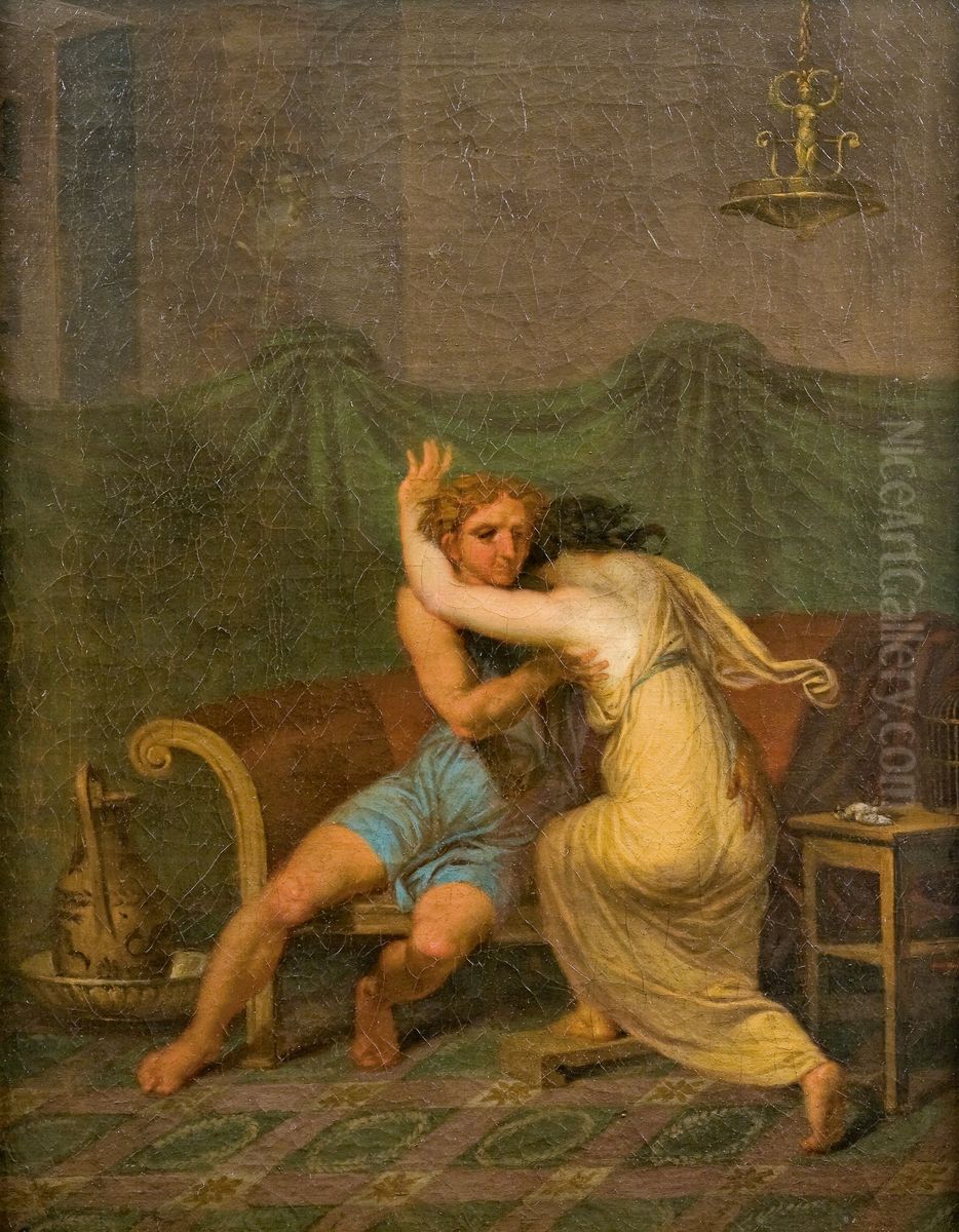 Catullus and Lesbia, who in his arms seek solace for the death of her sparrow Oil Painting by Nicolai Abildgaard