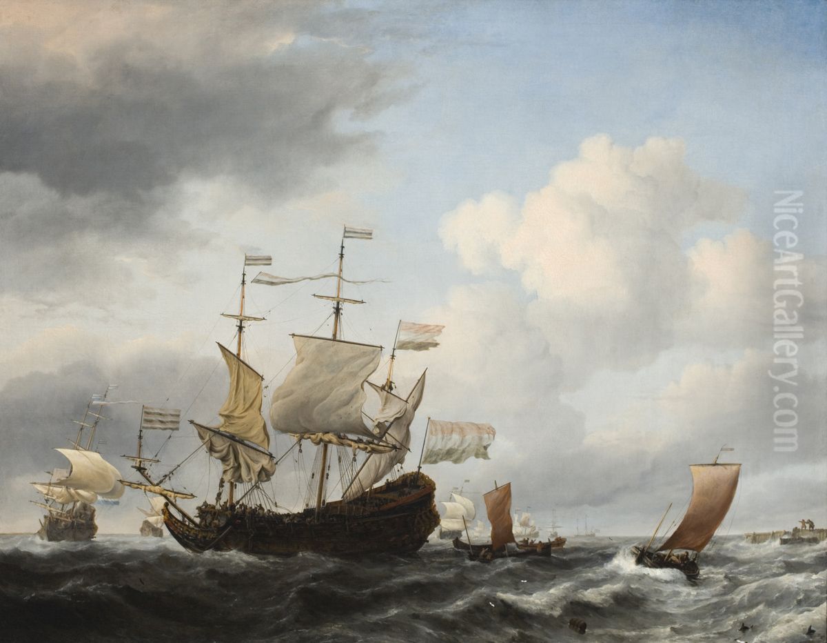 A Dutch Flagship Coming to Anchor Oil Painting by Willem van de Velde the Younger