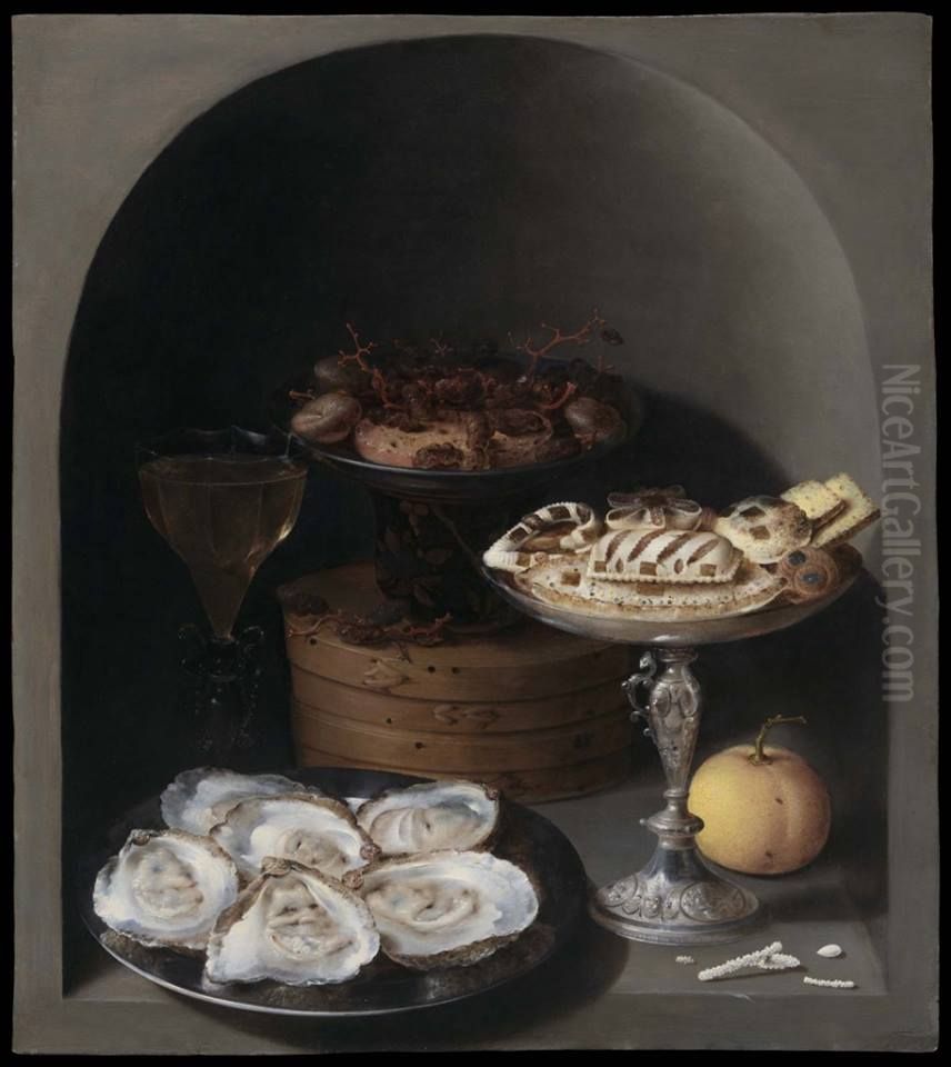 Still Life with Oysters, Sweetmeats and Dried Fruit in a Stone Niche Oil Painting by Osias Beert