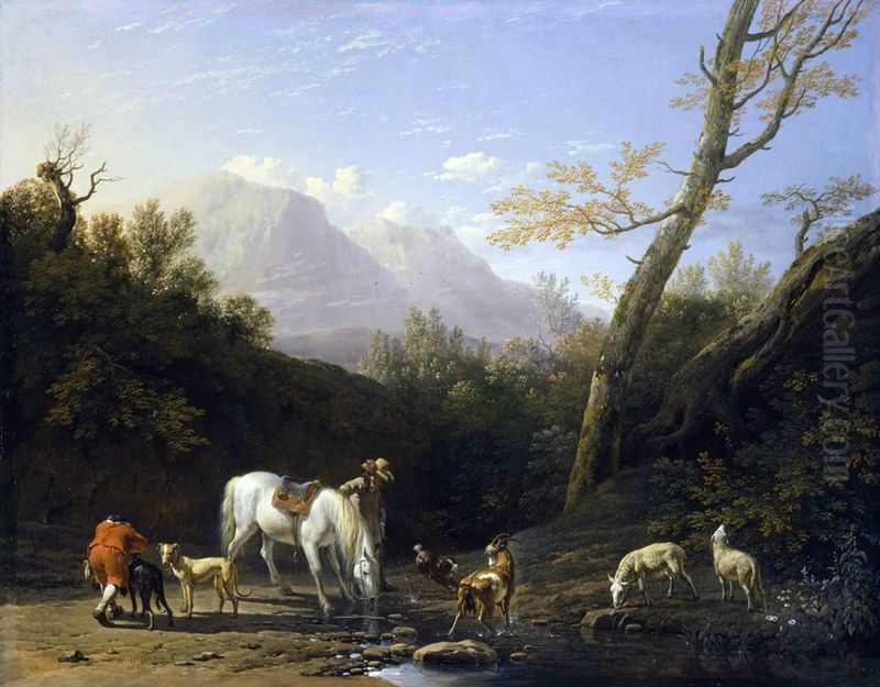 Horseman and His Horse at a River Oil Painting by Karel Dujardin