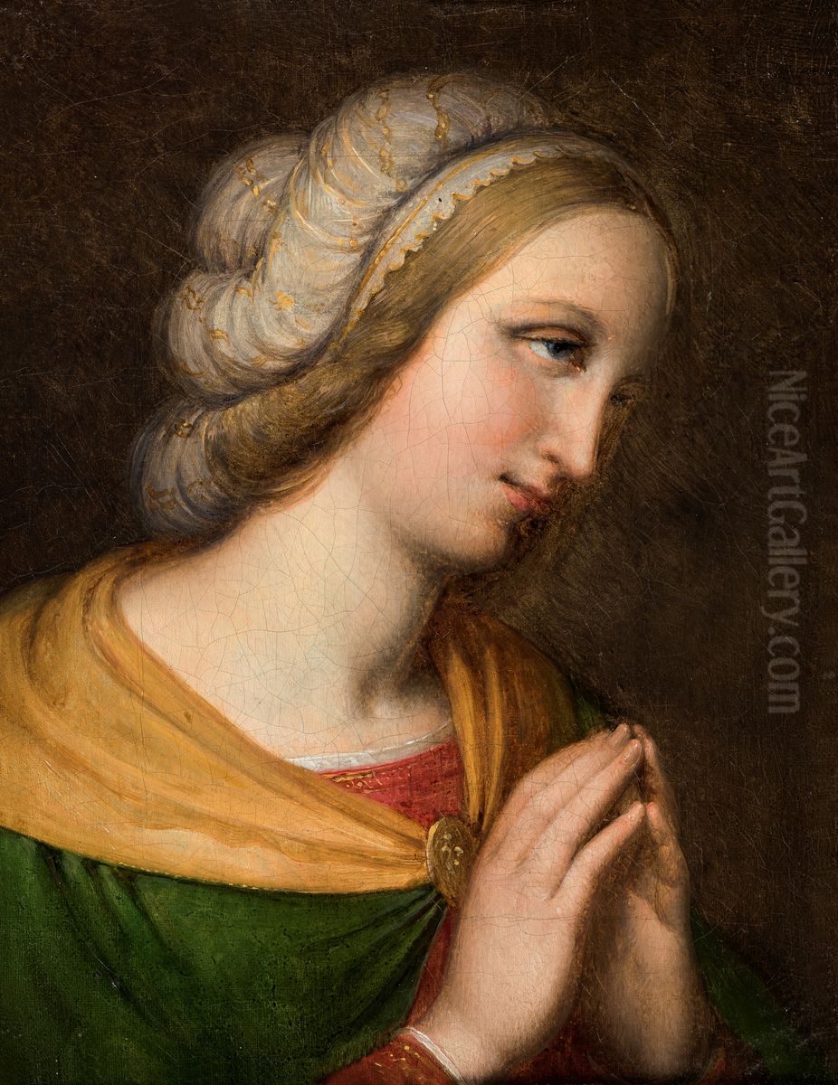 Brystbillede af bedende kvinde Oil Painting by Johan Ludwig Lund